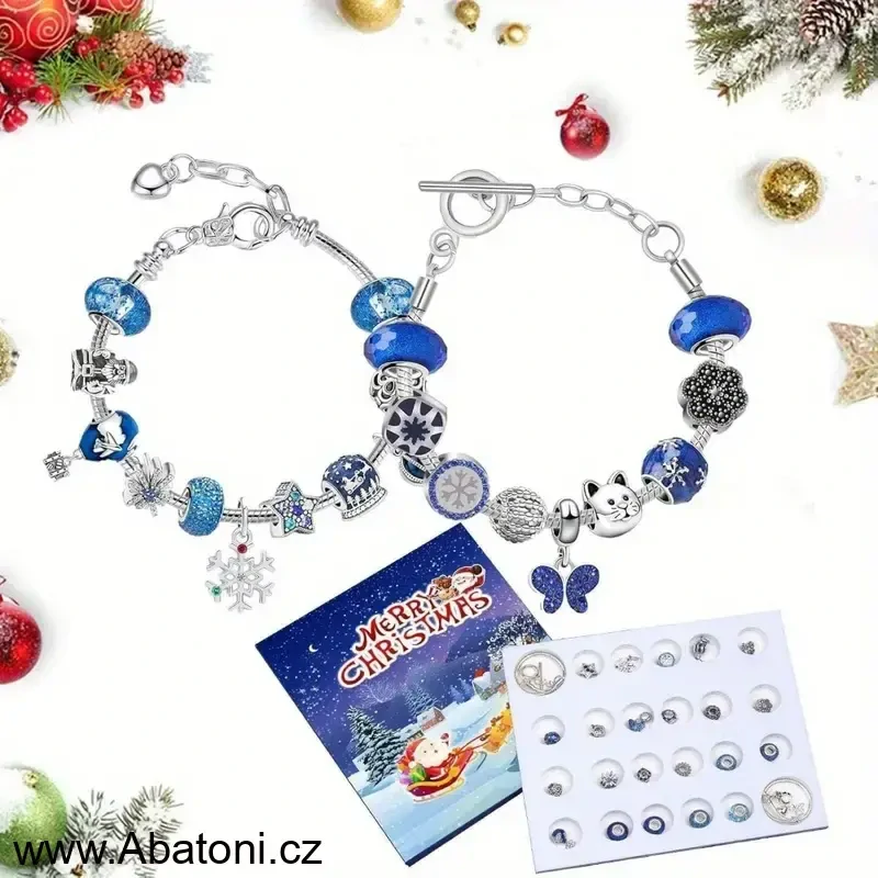 Abatoni Vánoční Adventní kalendář se 2 náramky a 22 přívěsky - barva stříbrná a modrá (sada pro výrobu náramků)