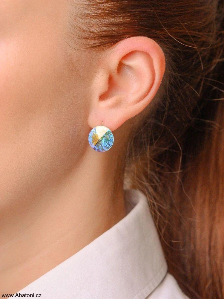 Swarovski Elements Rivoli vlepený krystal 14mm - Stříbrné náušnice visací zelené kulaté 31106.3 Emerald (zelená tmavá, smaragdová, brčálová)