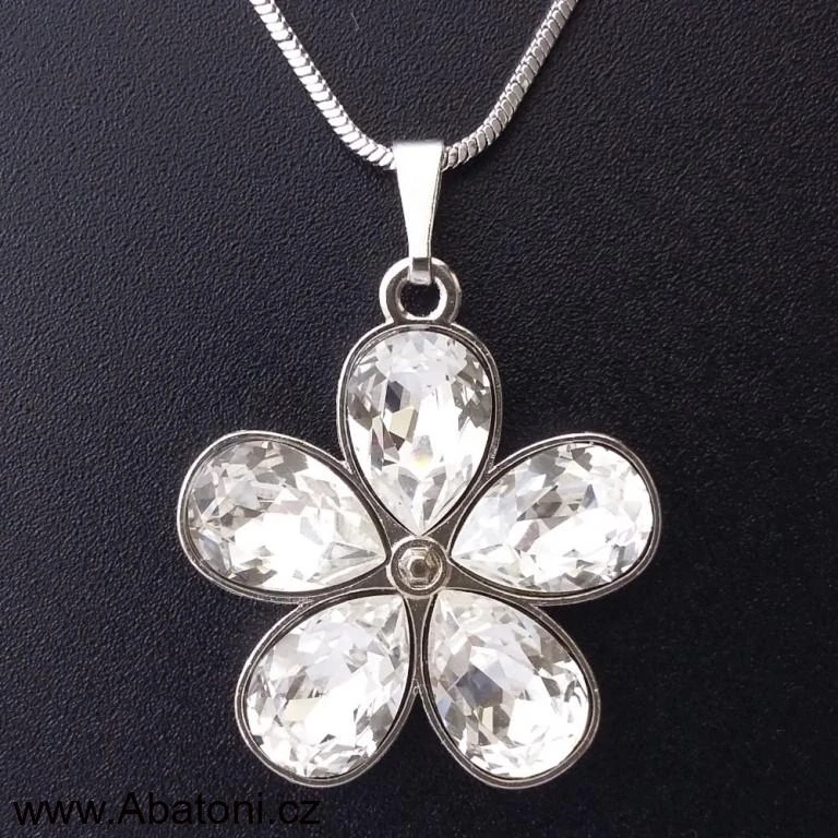 Swarovski Elements Flower, Pear vlepený krystal 5x10mm - Rhodiovaný náhrdelník (přívěsek + řetízek) modrá kytička (slzička, kapka) 54037.3  Aquamarine (modrá světlá, azurová, nebeská)