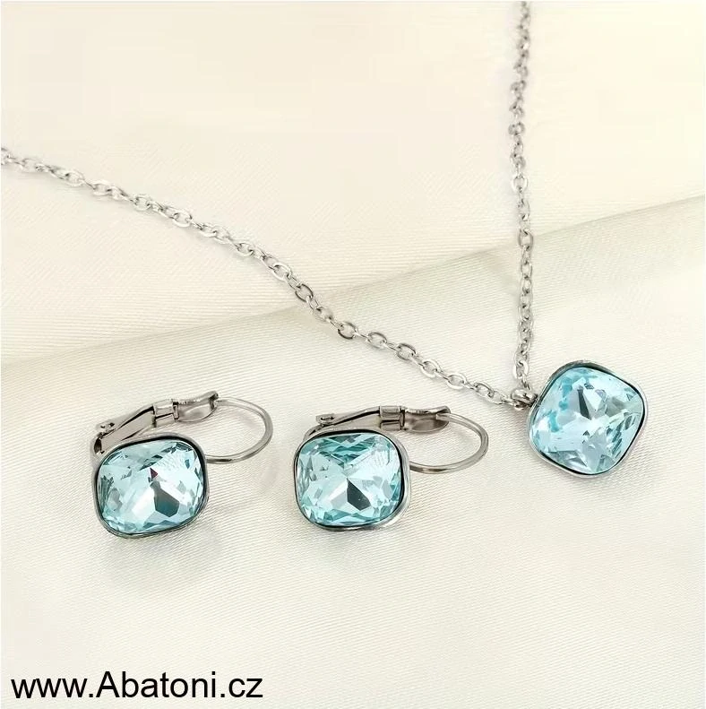 Swarovski Elements Rounded Square vlepený krystal 10mm - Ocelová sada (set, souprava) náušnice a přívěsek s řetízkem modrý zakulacený čtverec TV 220132 Light Turquoise (modrá světlá, tyrkysová)