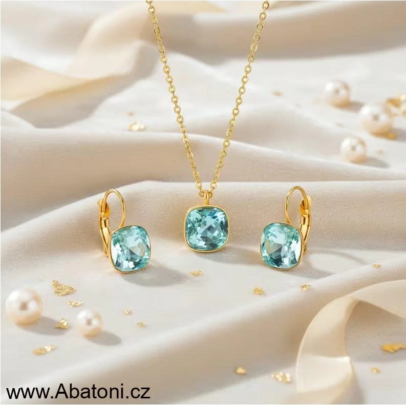 Swarovski Elements Rounded Square vlepený krystal 10mm - Ocelová pozlacená sada (set, souprava) náušnice a přívěsek s řetízkem modrý zakulacený čtverec TV 220132 Light Turquoise (modrá světlá, tyrkysová)