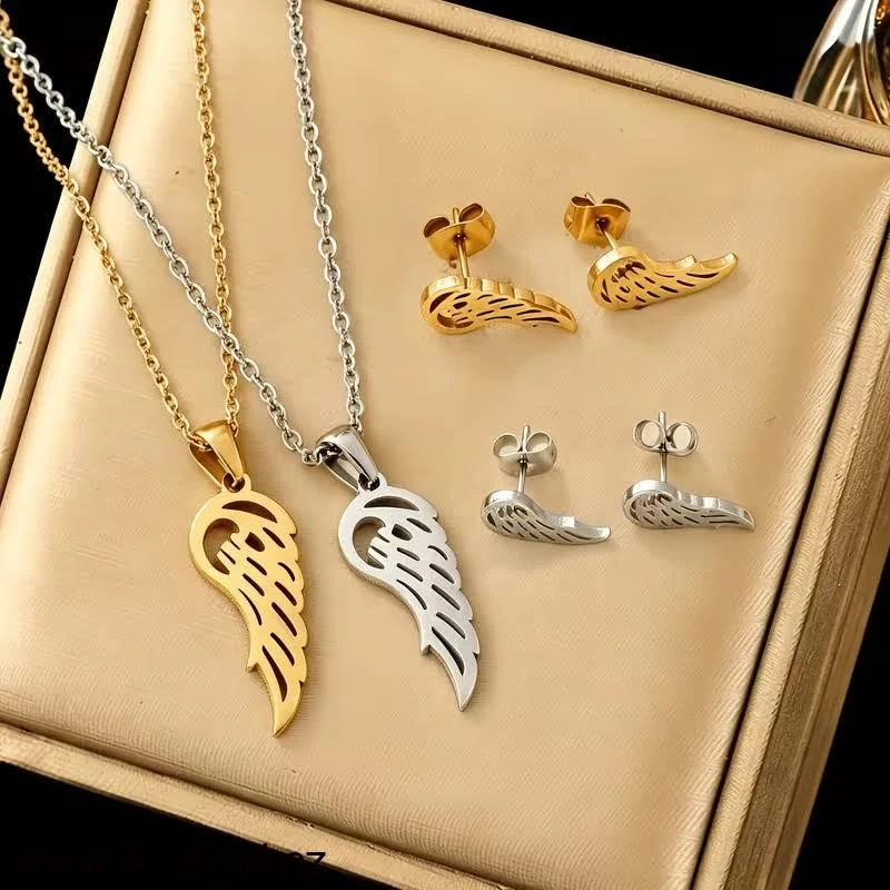 Steel Jewelry souprava - řetízek, přívěsek a náušnice - andělská křídla - chirurgická ocel - 130140 vzor 01