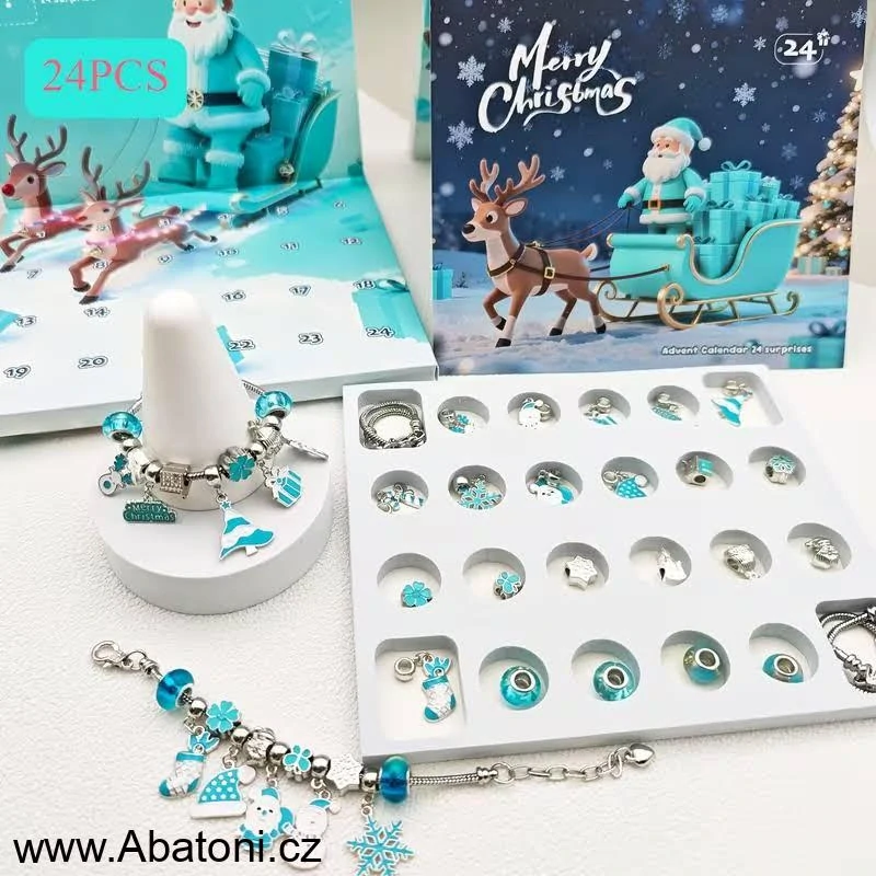 Abatoni Vánoční Adventní kalendář se 2 náramky a 22 přívěsky - barva stříbrná, tyrkysová a bílá (sada pro výrobu náramků)