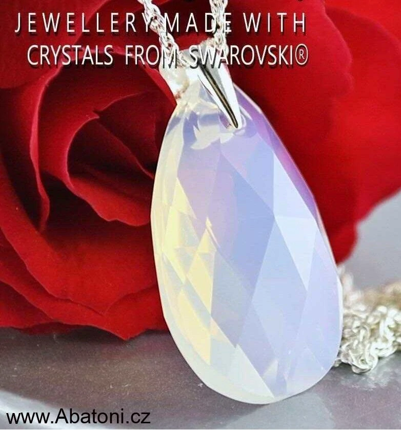 Swarovski Elements Pear krystal XXL 28mm - Stříbrný náhrdelník (přívěsek + řetízek) visací bílá slza, kapka 34255.1 White Opal (bílá mléčná, vintage)
