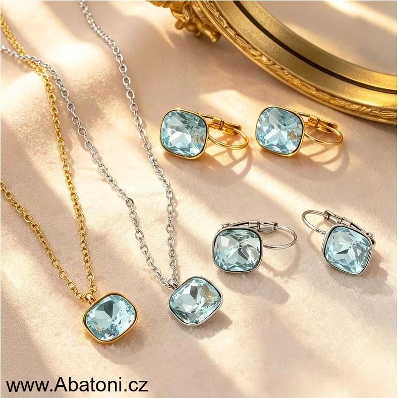 Swarovski Elements Rounded Square vlepený krystal 10mm - Ocelová sada (set, souprava) náušnice a přívěsek s řetízkem modrý zakulacený čtverec TV 220132 Light Turquoise (modrá světlá, tyrkysová)