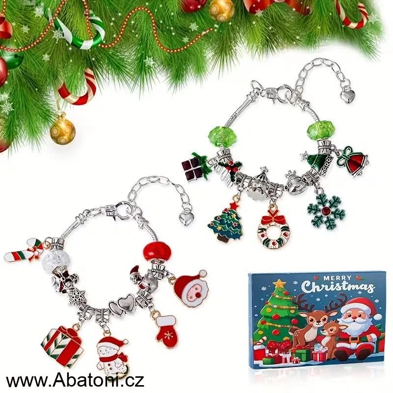 Abatoni Vánoční Adventní kalendář se 2 náramky a 22 přívěsky - barva stříbrná, zelená, červená a bílá (sada pro výrobu náramků)