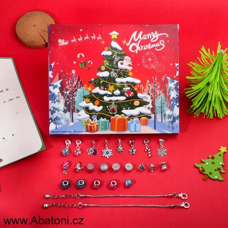Abatoni Vánoční Adventní kalendář se 2 náramky a 22 přívěsky - barva stříbrná, růžová a modrá (sada pro výrobu náramků)