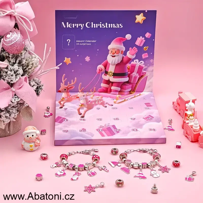 Abatoni Vánoční Adventní kalendář se 2 náramky a 22 přívěsky - barva stříbrná a růžová (sada pro výrobu náramků)