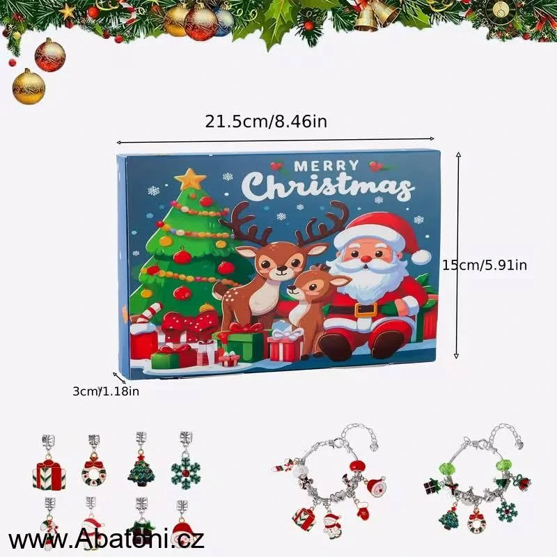 Abatoni Vánoční Adventní kalendář se 2 náramky a 22 přívěsky - barva stříbrná, zelená, červená a bílá (sada pro výrobu náramků)