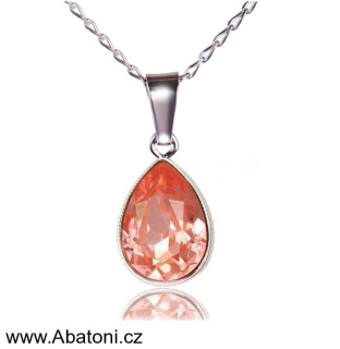Swarovski Elements Pear vlepený krystal 14mm - Stříbrný náhrdelník (přívěsek + řetízek) oranžovo-růžová slzička, kapka 34252.3 Rose Peach (oranžová, růžová, lososová)