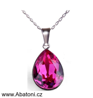Swarovski Elements Pear vlepený krystal 14mm - Rhodiovaný náhrdelník (přívěsek + řetízek) růžová slzička, kapka 54016.3 Fuchsia (růžová tmavá, fuchsiová)
