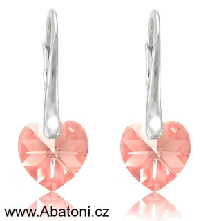 Swarovski Elements Heart krystal 14mm - Stříbrné náušnice visací růžové srdce, srdíčka 31012.4 Light Rose (růžová světlá)