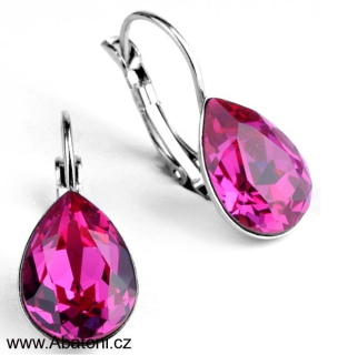 Swarovski Elements Pear vlepený krystal 14mm - Stříbrné náušnice visací růžové slzičky, kapky 31231.7 Fuchsia (růžová tmavá, fuchsiová)