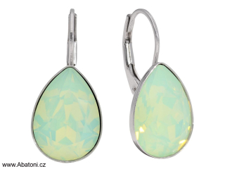 Swarovski Elements Pear vlepený krystal 14mm - Stříbrné náušnice visací zelené slzičky, kapky 51056.3 Chrysolite Opal (zelená mléčná, světlá mátová)