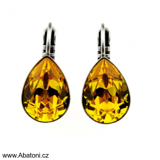 Swarovski Elements Pear vlepený krystal 14mm - Stříbrné náušnice visací oranžové slzičky, kapky 31242.3 Topaz (žluto-oranžová, jantarová)