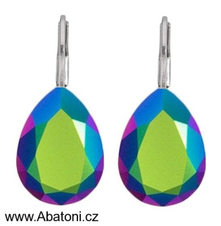 Swarovski Elements Pear vlepený krystal 14mm - Stříbrné náušnice visací zelené slzičky, kapky 51056.3 Scarabeus Green (zelená magická, duhová, měňavá)