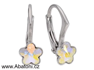 Swarovski Elements Flower 6mm - Dětské stříbrné náušnice visací bílé duhové kytičky, květinky 31080.1 Crystal AB (bílá, křišťálová, duhová, měňavá)