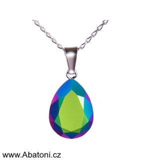 Swarovski Elements Pear vlepený krystal 14mm - Rhodiovaný náhrdelník (přívěsek + řetízek) zelená slzička, kapka 54035.3 Scarabeus Green (zelená magická, duhová, měňavá)