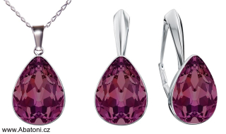 Swarovski Elements Pear vlepený krystal 14mm - Stříbrná sada (set, souprava) náušnice a přívěsek s řetízkem fialová slzička, kapka 39169.4 Amethyst (fialová, bordó, vínová)
