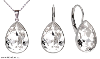 Swarovski Elements Pear vlepený krystal 14mm - Stříbrná sada (set, souprava) náušnice a přívěsek s řetízkem bílá slzička, kapka 39029.1 Crystal (bílá, čirá, křišťálová)