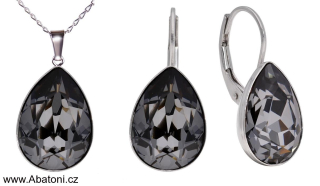 Swarovski Elements Pear vlepený krystal 14mm - Stříbrná sada (set, souprava) náušnice a přívěsek s řetízkem černo šedá slzička, kapka 39089.5 Silver Night (černá, šedá, duhová)