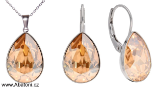 Swarovski Elements Pear vlepený krystal 14mm - Stříbrná sada (set, souprava) náušnice a přívěsek s řetízkem zlatá slzička, kapka 39169.4 Golden Shadow (zlatá, světlá jantarová, zlatobéžová)