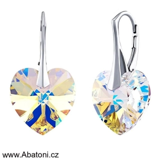 Swarovski Elements Heart krystal 14mm - Stříbrné náušnice visací bílé duhové srdce, srdíčka 31012.2 Crystal AB (bílá, křišťálová, duhová, měňavá)