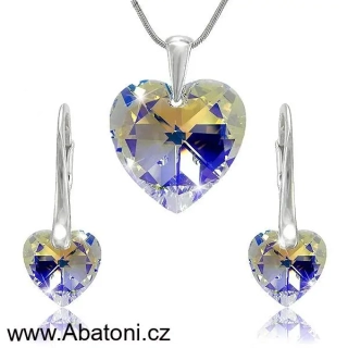 Swarovski Elements Heart krystal 14+10mm - Stříbrná sada (set, souprava) náušnice a přívěsek s řetízkem bílé duhové srdce, srdíčko 39003.2 Crystal AB (bílá, křišťálová, duhová, měňavá)