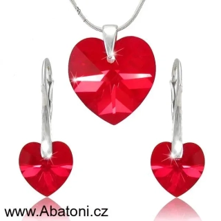 Swarovski Elements Heart krystal 18+14mm - Stříbrná sada (set, souprava) náušnice a přívěsek s řetízkem červené srdce, srdíčko 39003.4 Light Siam (červená)