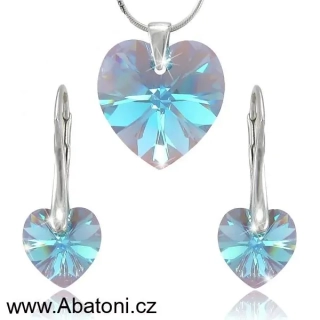 Swarovski Elements Heart krystal 18+14mm - Stříbrná sada (set, souprava) náušnice a přívěsek s řetízkem modré srdce, srdíčko 39003.3 Aquamarine (modrá světlá, azurová, nebeská) 