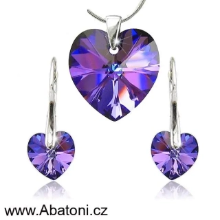 Swarovski Elements Heart krystal 18+14mm - Stříbrná sada (set, souprava) náušnice a přívěsek s řetízkem fialové srdce, srdíčko 39003.5 Heliotrope (fialová, modrá, duhová) 