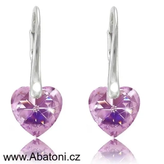 Swarovski Elements Heart krystal 10mm - Stříbrné náušnice visací fialové srdce, srdíčka 31125.3 Violet (fialová velmi světlá, lila)