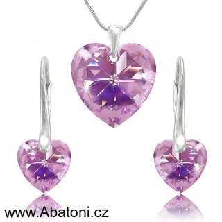 Swarovski Elements Heart krystal 14+10mm - Stříbrná sada (set, souprava) náušnice a přívěsek s řetízkem fialové srdce, srdíčko 39170.3 Violet (fialová velmi světlá, lila) 