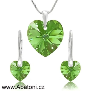 Swarovski Elements Heart krystal 18+14mm - Stříbrná sada (set, souprava) náušnice a přívěsek s řetízkem zelené srdce, srdíčko 39161.1 Peridot (zelená světlá) 