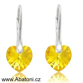 Swarovski Elements Heart krystal 10mm - Stříbrné náušnice visací žluto zlaté srdce, srdíčka 51054.5 Light Topaz (žlutá zářivá, zlatá, jantarová velmi světlá)