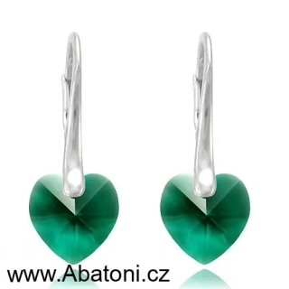 Swarovski Elements Heart krystal 10mm - Stříbrné náušnice visací zelené srdce, srdíčka 31300.3 Emerald (zelená tmavá, smaragdová, brčálová) 
