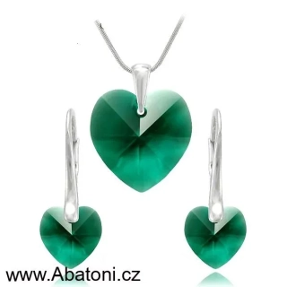 Swarovski Elements Heart krystal 14+10mm - Stříbrná sada (set, souprava) náušnice a přívěsek s řetízkem zelené srdce, srdíčko 39161.1 Emerald (zelená tmavá, smaragdová, brčálová) 