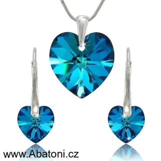Swarovski Elements Heart krystal 14+10mm - Stříbrná sada (set, souprava) náušnice a přívěsek s řetízkem modré srdce, srdíčko 39003.5 Bermuda Blue (modrá, mořská, duhová)