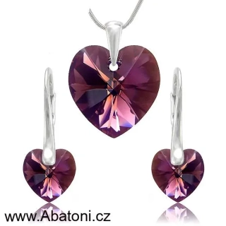 Swarovski Elements Heart krystal 18+14mm - Stříbrná sada (set, souprava) náušnice a přívěsek s řetízkem fialové srdce, srdíčko 39003.5 Amethyst (fialová, bordó, vínová) 