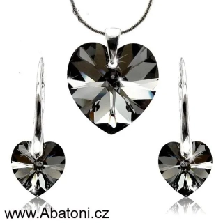 Swarovski Elements Heart krystal 18+14mm - Stříbrná sada (set, souprava) náušnice a přívěsek s řetízkem černo šedé srdce, srdíčko 39003.4 Silver Night (černá, šedá, duhová) 