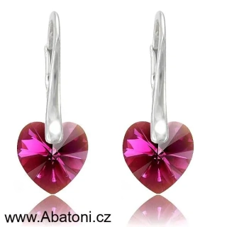 Swarovski Elements Heart krystal 10mm - Stříbrné náušnice visací růžové srdce, srdíčka 31012.4 Fuchsia (růžová tmavá, fuchsiová) 