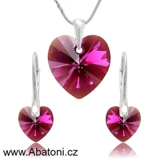 Swarovski Elements Heart krystal 18+10mm - Stříbrná sada (set, souprava) náušnice a přívěsek s řetízkem růžové srdce, srdíčko 39003.4 (růžová tmavá, fuchsiová) 