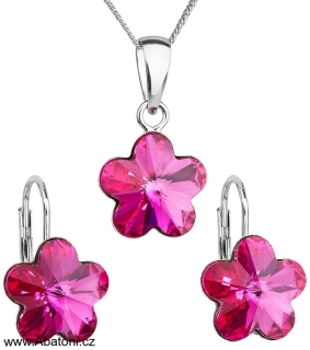 Swarovski Elements Flower - Stříbrná sada (set, souprava) náušnice a přívěsek s řetízkem růžová kytička, květinka 39143.3 Fuchsia (růžová tmavá, fuchsiová)