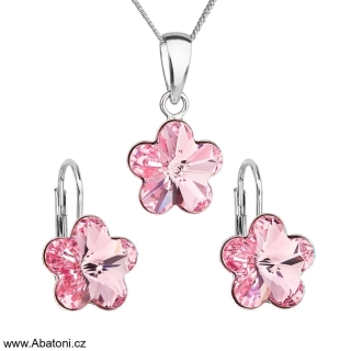 Swarovski Elements Flower - Stříbrná sada (set, souprava) náušnice a přívěsek s řetízkem růžová kytička, květinka 39143.3 Light Rose (růžová světlá)