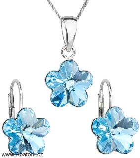 Swarovski Elements Flower - Stříbrná sada (set, souprava) náušnice a přívěsek s řetízkem modrá kytička, květinka 39143.3 Aquamarine (modrá světlá, azurová, nebeská)