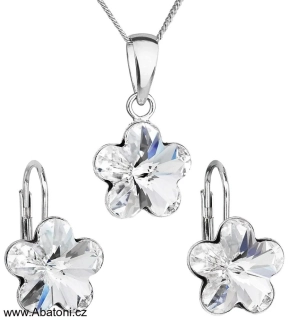 Swarovski Elements Flower - Stříbrná sada (set, souprava) náušnice a přívěsek s řetízkem bílá kytička, květinka 39143.1 Crystal (bílá, čirá, křišťálová)