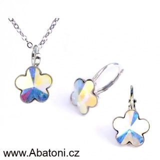 Swarovski Elements Flower - Stříbrná sada (set, souprava) náušnice a přívěsek s řetízkem bílá kytička, květinka 39143.1 Crystal AB (bílá, křišťálová, duhová, měňavá)