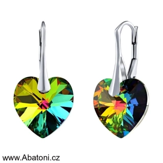 Swarovski Elements Heart krystal 14mm - Stříbrné náušnice visací zelené srdce, srdíčka 31300.3 Vitrail Medium (zeleno-růžová duhová) 