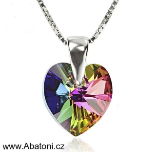 Swarovski Elements Heart krystal 14mm - Stříbrný náhrdelník (přívěsek + řetízek) zelené srdce, srdíčko 32020.5 Vitrail Medium (zeleno-růžová duhová)