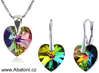 Swarovski Elements Heart krystal 14+10mm - Stříbrná sada (set, souprava) náušnice a přívěsek s řetízkem zelené srdce, srdíčko 39161.1 Vitrail Medium (zeleno-růžová duhová) 